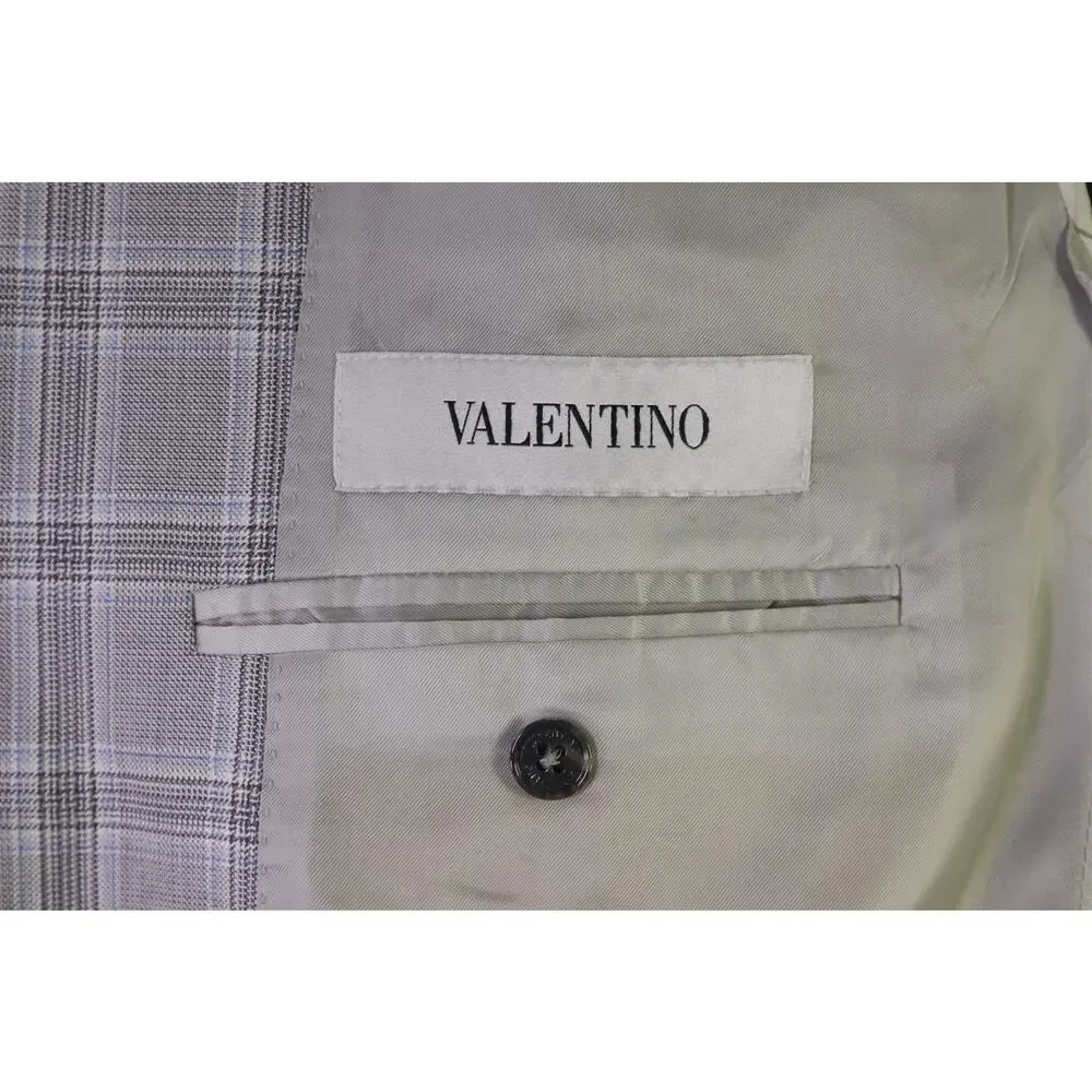 Valentino Current Gray Blue Windowpane Plaid Wool Silk 2Btn Sportcoat Blazer 42R
